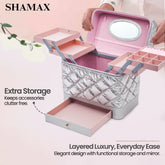 SHAMAX Quilted Makeup Train Case Expandable Tray Silver